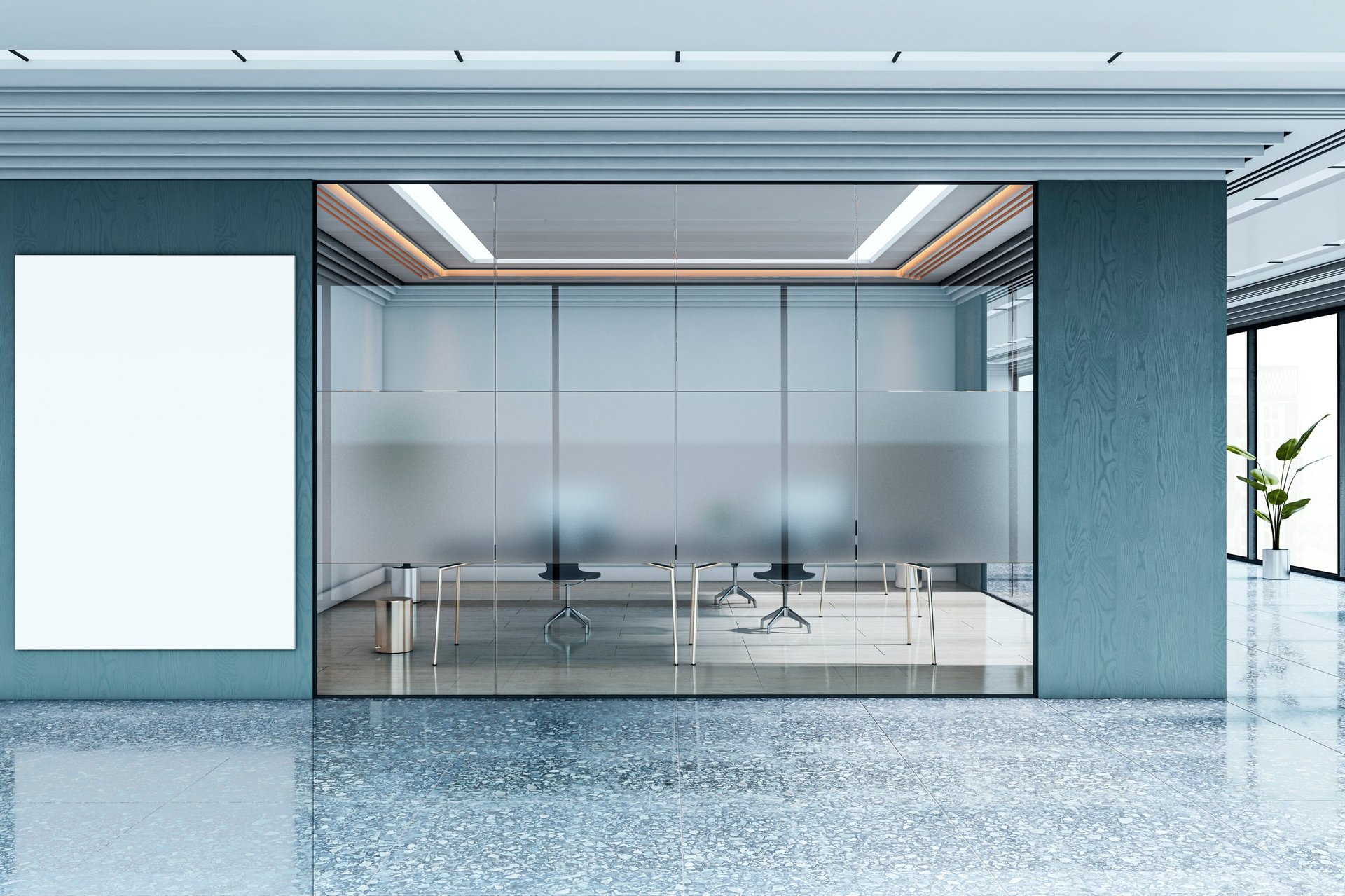 Oficina moderna con paredes de vidrio